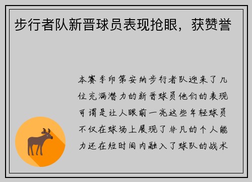 步行者队新晋球员表现抢眼，获赞誉